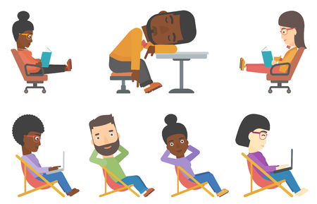 Business woman working outdoor. Business woman sitting in chaise lounge and working on a laptop. Business woman works remotely. Set of vector flat design illustrations isolated on white background.のイラスト素材