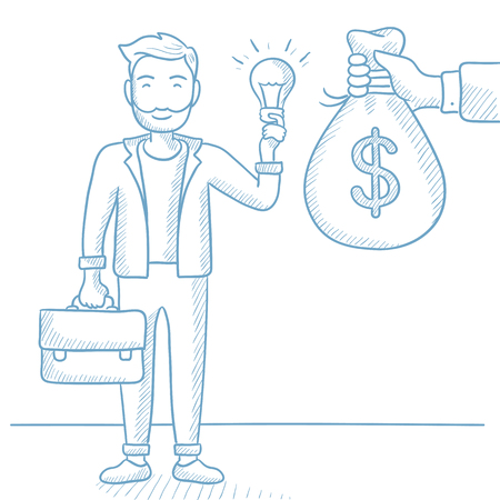 Businessman exchanging his idea bulb to money bag. Happy man having business idea. Business idea concept. Exchange of business idea on money. Hand drawn vector sketch illustration on white background.のイラスト素材