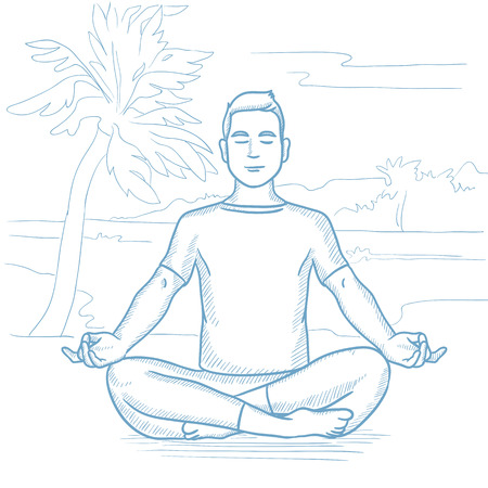 Caucasian man meditating in yoga lotus pose on the beach. Man relaxing on the beach in the yoga lotus position. Man doing yoga on the beach. Hand drawn vector sketch illustration on white background.のイラスト素材
