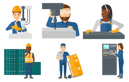Port worker talking on wireless radio. Port worker standing on cargo containers background. Port worker using wireless radio. Set of vector flat design illustrations isolated on white background.のイラスト素材