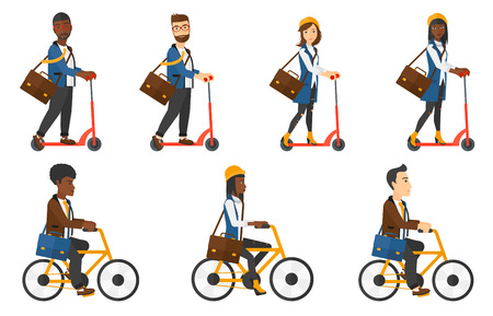 Business woman riding a kick scooter. Businessman with briefcase riding to work on kick scooter. Business woman riding a bicycle. Set of vector flat design illustrations isolated on white background.のイラスト素材