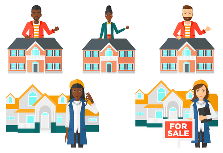 Real estate agent standing behind the house and showing thumb up. Young real estate agent offering the house and giving thumb up. Set of vector flat design illustrations isolated on white background.のイラスト素材
