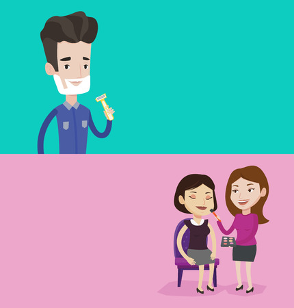 Two beauty banners with space for text. Vector flat design. Horizontal layout. Man shaving his face. Man with shaving cream on his face and razor in hand. Young man prepping face for daily shaving.のイラスト素材