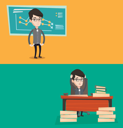 Two business banners with space for text. Vector flat design. Horizontal layout. Bankrupt business man showing his empty pockets. Bankrupt turning his empty pockets inside out. Bankruptcy concept.のイラスト素材