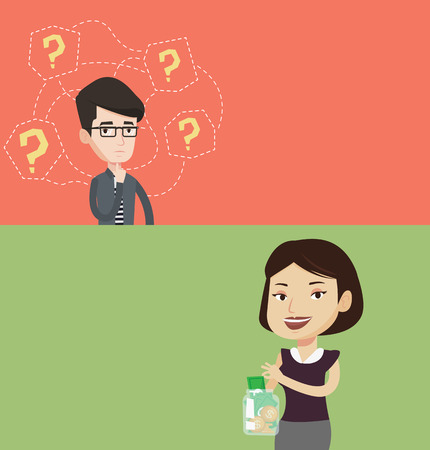 Two business banners with space for text. Vector flat design. Horizontal layout. Happy business woman holding money jar with coins and banknotes. Business woman putting dollar money into glass jar.のイラスト素材