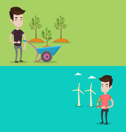 Two ecology banners with space for text. Vector flat design. Horizontal layout. Man pushing wheelbarrow with plant in the park. Man with wheelbarrow standing on a background of newly planted trees.のイラスト素材