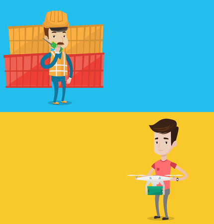 Two industrial banners with space for text. Vector flat design. Horizontal layout. Caucasian man controlling delivery drone with post package. Young man getting post package from delivery drone.のイラスト素材