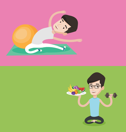 Two lifestyle banners with space for text. Vector flat design. Horizontal layout. Man doing stretching on exercise mat. Sportsman stretching before training. Caucasian man doing stretching exercises.のイラスト素材