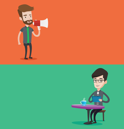 Two media banners with space for text. Vector flat design. Horizontal layout. Hipster man with beard holding megaphone. Man promoter speaking into a megaphone. Young man advertising using megaphone.のイラスト素材