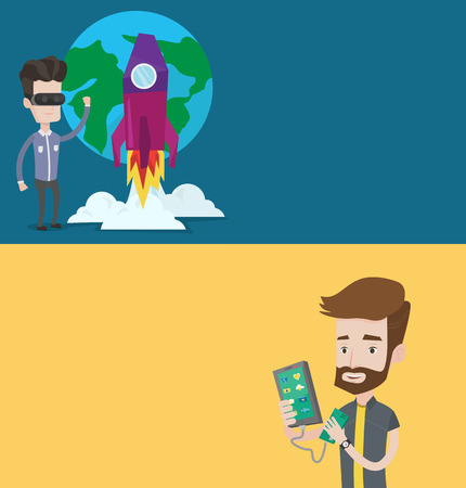 Two technology banners with space for text. Vector flat design. Horizontal layout. Man recharging his smartphone with mobile phone portable battery. Man holding a mobile phone and battery power bank.のイラスト素材