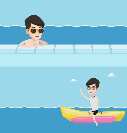 Two travel banners with space for text. Vector flat design. Horizontal layout. Happy smiling man relaxing in swimming pool at resort. Young man bathing in swimming pool. Cheerful guy in swimming pool.のイラスト素材