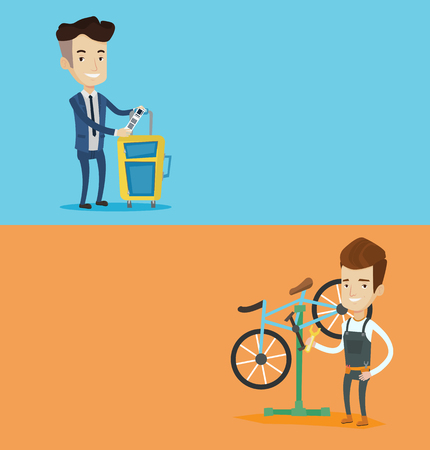 Two transportation banners with space for text. Vector flat design. Horizontal layout. Man working in bicycle workshop. Technician fixing bicycle in repair shop. Bicycle mechanic repairing bicycle.のイラスト素材