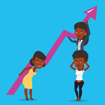 Three african-american business women holding growth graph. Cheerful business team with growth graph. Concept of business growth and teamwork. Vector flat design illustration. Square layout.のイラスト素材
