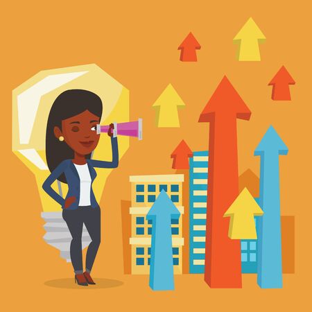 An african business woman looking through spyglass at arrows going up and idea bulb. Business woman looking for business idea. Business idea concept. Vector flat design illustration. Square layout.のイラスト素材