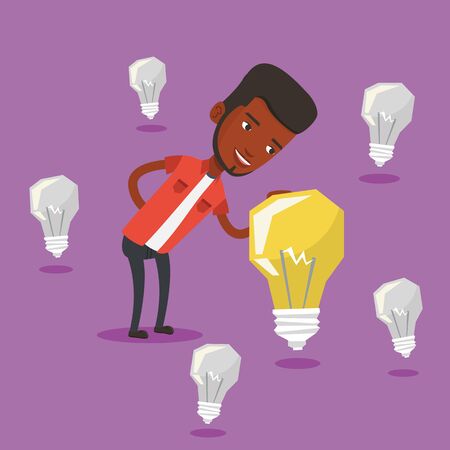 Man having business idea. African-american businessman standing among unlit idea bulbs and looking at the brightest idea bulb. Business idea concept. Vector flat design illustration. Square layout.のイラスト素材