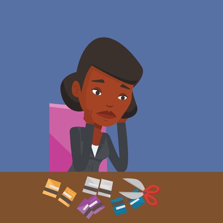 An african-american business woman cutting credit card. Woman sitting at the desk with cut credit card. Business woman cutting credit card with scissors. Vector flat design illustration. Square layoutのイラスト素材