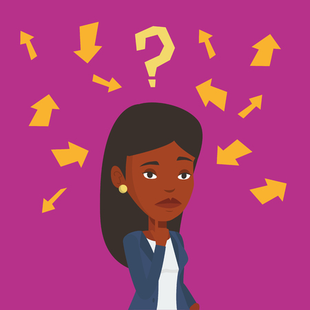 An african-american business woman thinking under question mark and arrows. Thoughtful business woman with question mark. Business thinking concept. Vector flat design illustration. Square layout.のイラスト素材