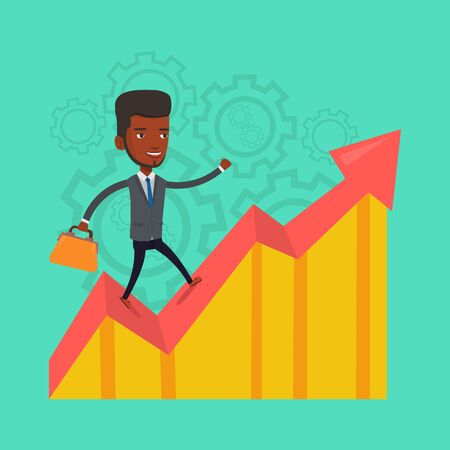 Cheerful bsinessman standing on profit chart. An african-american successful businessman running along the profit chart. Concept of business profit. Vector flat design illustration. Square layout.のイラスト素材