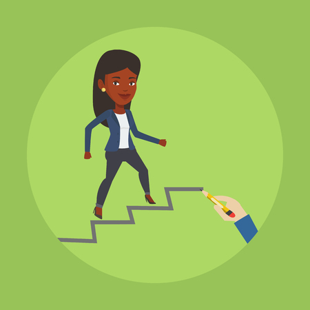 An african-american woman running up the career ladder drawn by hand with pencil. Business woman climbing the career ladder. Concept of business career. Vector flat design illustration. Square layoutのイラスト素材