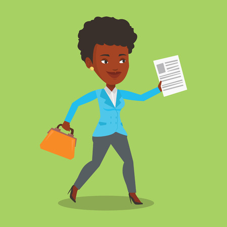 An african-american business woman with briefcase and a document running. Business woman running in a hurry. Cheerful business woman running forward. Vector flat design illustration. Square layout.のイラスト素材