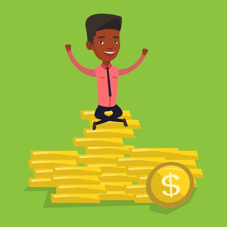 An african-american cheerful businessman sitting on stack of golden coins. Businessman sitting on a pile of golden coins. Businessman on gold coins. Vector flat design illustration. Square layout.のイラスト素材