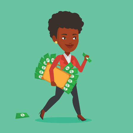 An african-american business woman walking with briefcase full of money committing economic crime. Business woman stealing money. Economic crime concept. Vector flat design illustration. Square layoutのイラスト素材