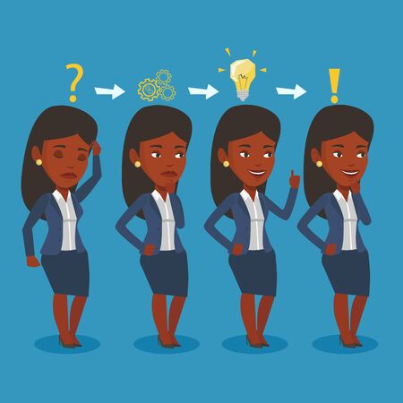 Young business woman during business planning. An african-american business woman working on a new business plan. Business planning concept. Vector flat design illustration. Square layout.のイラスト素材