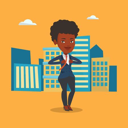 Businesswoman opening her jacket like superhero. African businesswoman superhero. Businesswoman taking off her jacket like superhero on city background. Vector flat design illustration. Square layout.のイラスト素材