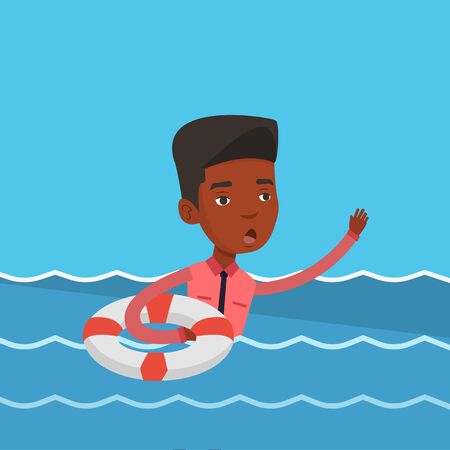 Frightened businessman sinking and asking for help. An african-american businessman with lifebuoy sinking and waving. Concept of failure in business. Vector flat design illustration. Square layout.のイラスト素材