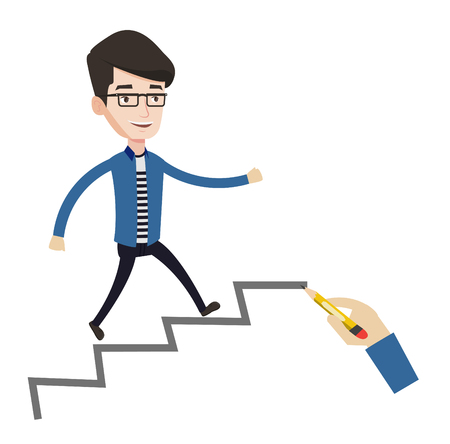 Man running up the career ladder drawn by hand with pencil. Happy businessman climbing the career ladder. Concept of business career. Vector flat design illustration isolated on white background.のイラスト素材