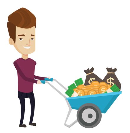 Rich businessman with wheelbarrow full of money. Businessman pushing wheelbarrow full of money. Wealthy businessman transporting money. Vector flat design illustration isolated on white background.のイラスト素材