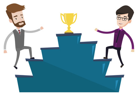 Two businessmen competing to get golden trophy. Two competitive businessmen running up for the winner cup. Business competition concept. Vector flat design illustration isolated on white background.のイラスト素材
