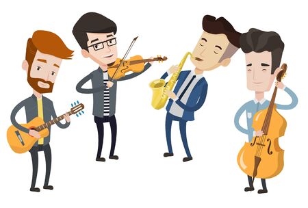 Band of musicians playing on musical instruments. Young musicians playing on instruments. Band of musicians performing with instruments. Vector flat design illustration isolated on white background.のイラスト素材