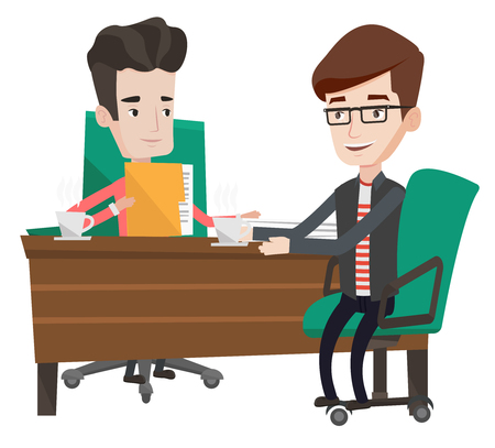 Two businessmen talking on business meeting. Businessmen drinking coffee on business meeting. Two businessmen during business meeting. Vector flat design illustration isolated on white background.のイラスト素材