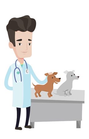 Young caucasian veterinarian with stethoscope. Veterinarian examining dogs in hospital. Male veterinarian with dogs at vet clinic. Vector flat design illustration isolated on white background.のイラスト素材