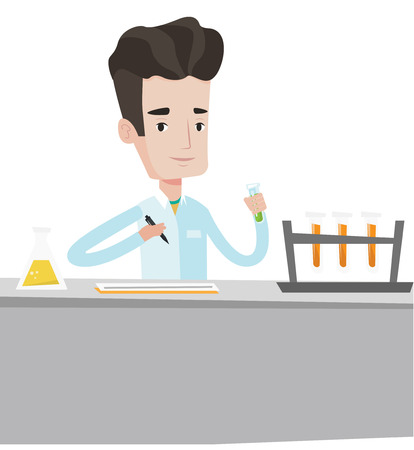 Laboratory assistant working with a test tubes. Laboratory assistant taking some notes. Laboratory assistant analyzing liquid in test tube. Vector flat design illustration isolated on white backgroundのイラスト素材