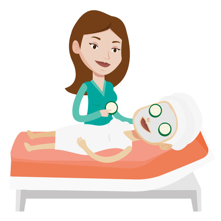 Cosmetologist applying face mask to a woman in beauty salon. Woman with face mask relaxing in beauty salon. Girl having beauty treatments. Vector flat design illustration isolated on white background.のイラスト素材