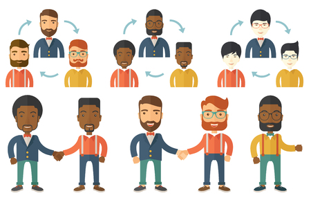 Two businessmen shaking hands. Business partners handshaking after successful business deal. Business partnership concept. Set of vector flat design illustrations isolated on white background.のイラスト素材
