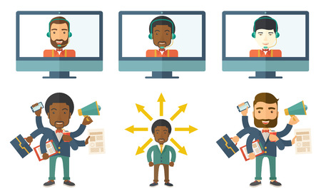 Businessman coping with multitasking. Businessman having skills of multitasking. Businessman doing multiple tasks. Concept of multitasking. Set of vector illustrations isolated on white background.のイラスト素材