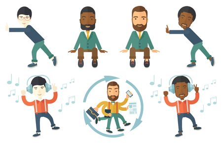 Happy man dancing while listening to music. Young man listening to music in headphones. Man with eyes closed enjoying music. Set of vector flat design illustrations isolated on white background.のイラスト素材