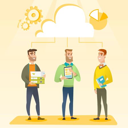 Business team standing under cloud. Caucasian business team using cloud computing technologies. Concept of cloud computing, teamwork and brainstorming. Vector flat design illustration. Square layout.のイラスト素材