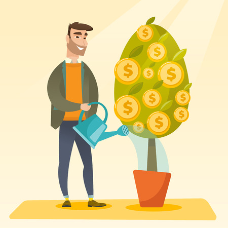 Happy caucasian businessman watering financial tree. Smiling businessman investing in future financial safety. Businessman taking care of finances. Vector flat design illustration. Square layout.のイラスト素材