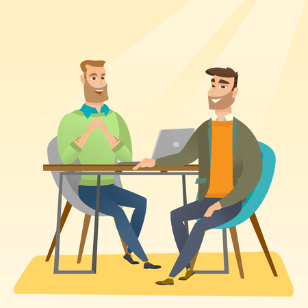 Human resource manager talking with job applicant. Job applicant during job interview for the position. Job interview concept. Vector flat design illustration in the circle isolated on red background.のイラスト素材