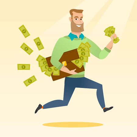 Caucasian business man running with briefcase full of money and committing economic crime. Smiling business man stealing money. Economic crime concept. Vector flat design illustration. Square layout.のイラスト素材