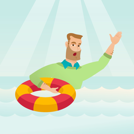 Frightened business man sinking and asking for help. Afraid caucasian business man with lifebuoy sinking and waving. Concept of failure in business. Vector flat design illustration. Square layout.のイラスト素材