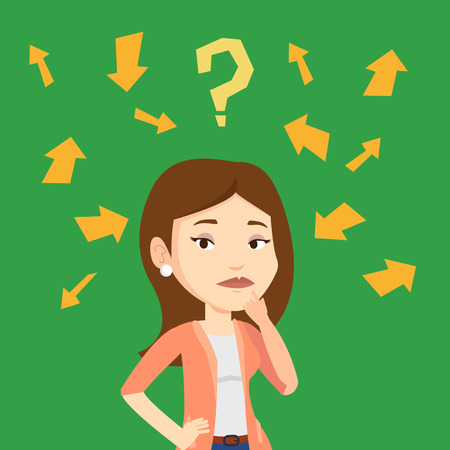 Caucasian businesswoman standing under question mark and arrows. Businesswoman thinking. Thoughtful businesswoman surrounded by question mark and arrows. Vector flat design illustration. Square layoutのイラスト素材