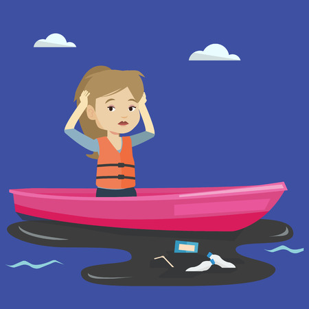 Sanitation worker working on boat to catch garbage out of water. Frustrated woman clutching head while looking at polluted water. Water pollution concept. Vector flat design illustration.Square layoutのイラスト素材
