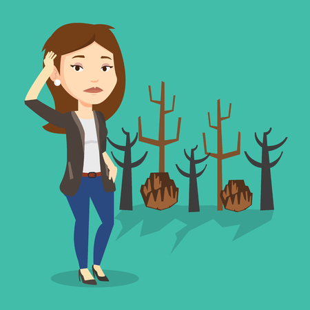 Caucasian woman scratching head on the background of dead forest. Dead forest caused by global warming or wildfire. Concept of environmental destruction. Vector flat design illustration. Square layoutのイラスト素材