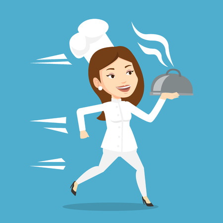 Caucasian female chef cook in a cap and white uniform running. Young cheerful chef cook holding a cloche. Smiling chef cook fast running with a cloche. Vector flat design illustration. Square layout.のイラスト素材