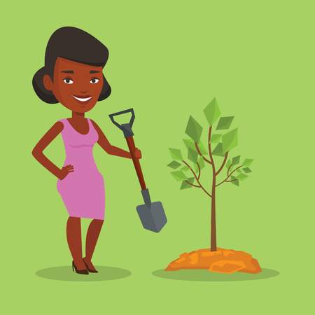 An african-american woman plants a tree. Woman standing with shovel near newly planted tree. Young woman gardening. Environmental protection concept. Vector flat design illustration. Square layout.のイラスト素材